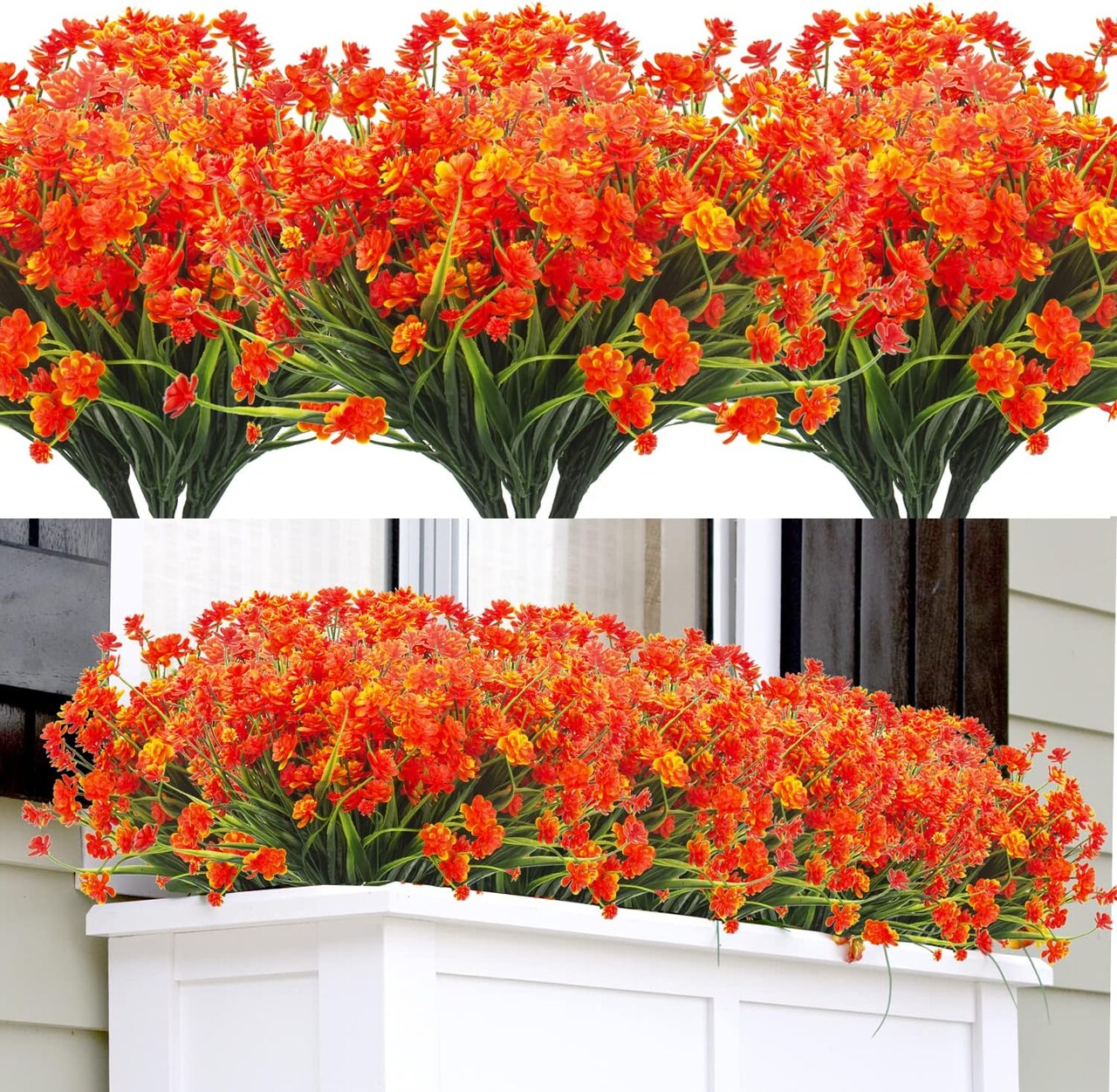 Artificial Fake Flowers, 12 Bundles Outdoor UV Resistant Greenery Shrubs Plants Indoor Outside Hanging Planter Home Garden Décor (Orange)